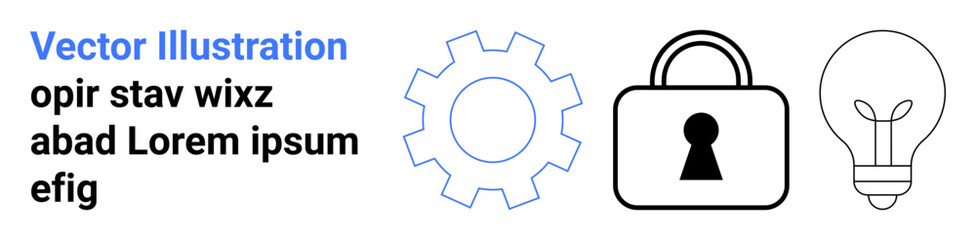 Blue text alongside a gear outline, black padlock with keyhole, and lightbulb on right. Ideal for technology, security, innovation, mechanics, encryption, idea generation technical documentation