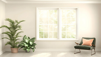 Fototapeta premium Serene living room with armchair, plants, and window view, ideal for home decor websites or interior design magazines