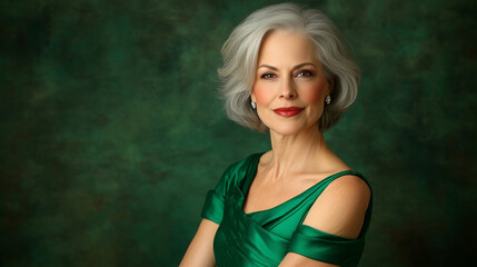 Naklejka premium Elegant Woman in Emerald Dress with French Twist Hairstyle