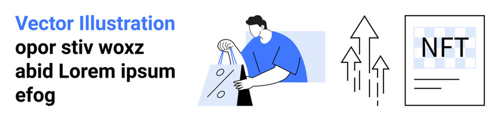 Tech professional designs on a graphic tablet, with growth arrows and NFT document concept. Ideal for blockchain, tech innovation, digital art, finance, investment, entrepreneurship, futuristic