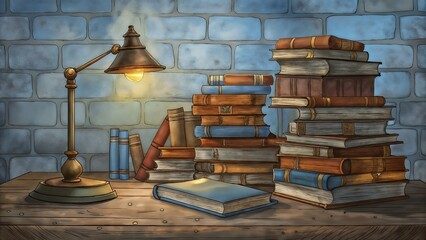 Fototapeta premium Cozy library-themed backdrop with stacks of old books and warm light for a charming World Book Day atmosphere