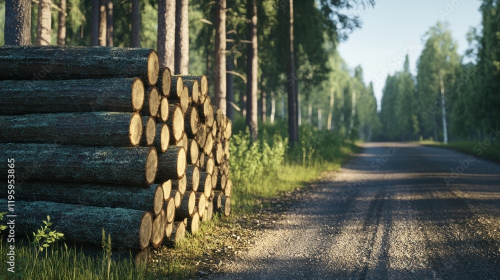 Poster forest path with stacked logs