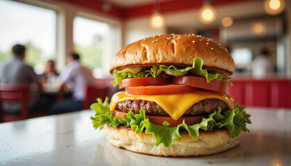 Juicy cheeseburger garnished with lettuce and tomato at a diner, food craving
