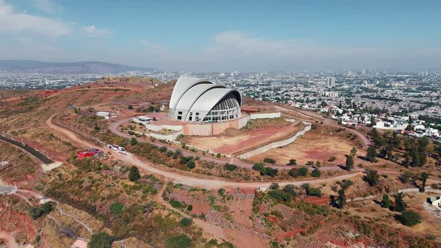 Drone rotating over the Santuario de los Martires. View of the city. Guadalajara, Mexico