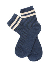 Pair of soft socks isolated on white, top view