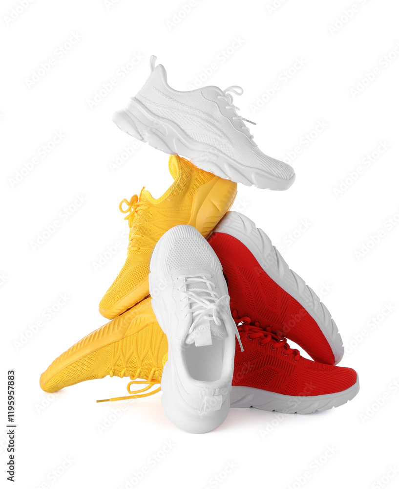 Wall mural Pile of colorful sneakers isolated on white