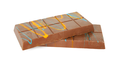 Two Dubai chocolate bars with pistachio and knafeh isolated on white