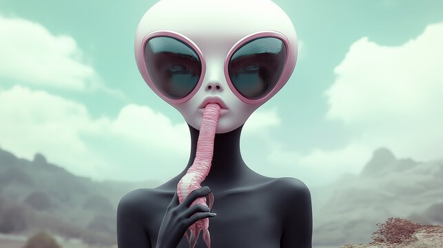 Grey alien eating tentacle in extraterrestrial landscape
