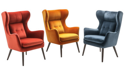 Fototapeta premium Modern Velvet Wingback Armchairs Red Gold Blue Home Decor