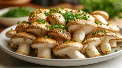 Captivating Closeup of Rich Textured Shimeji Mushrooms and Chives on a White Plate in Tranquil Japanese Style