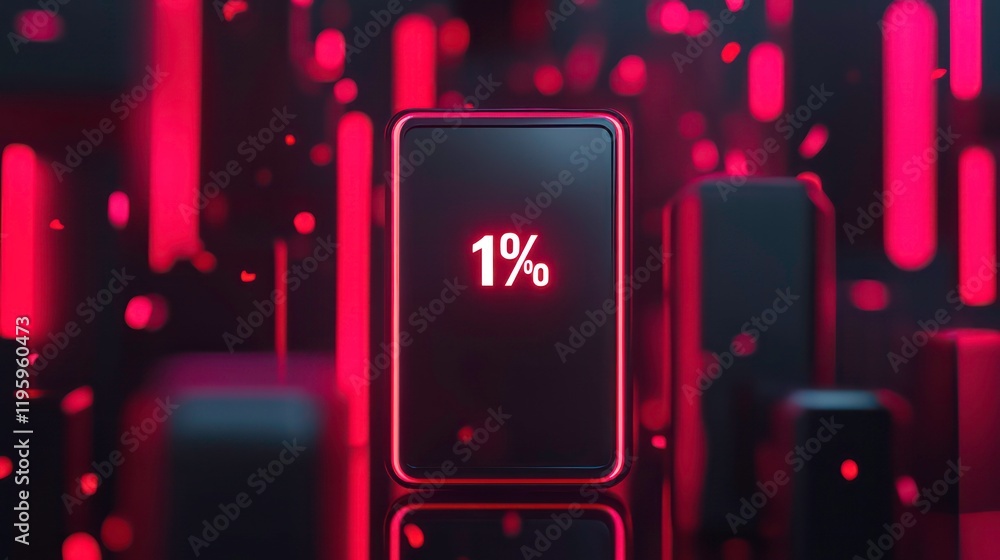 Poster smartphone displaying 1% battery, surrounded by red neon lights and geometric shapes.