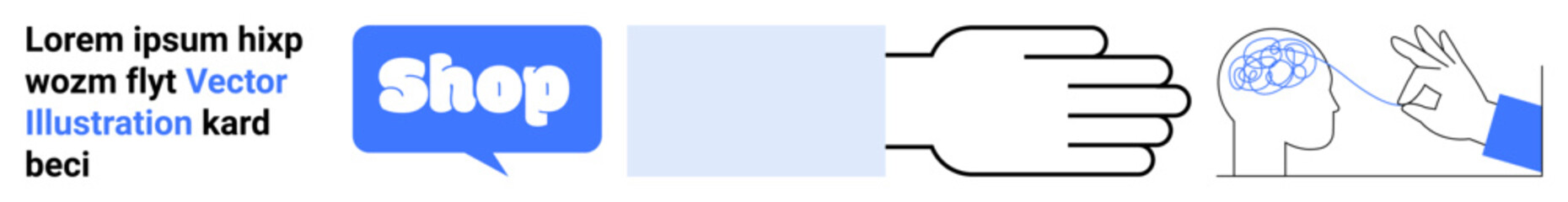 Blue shop icon hand gesture and human head with ideas icons emphasize shopping interaction and idea generation. Ideal for e-commerce websites digital marketing creative thinking and business