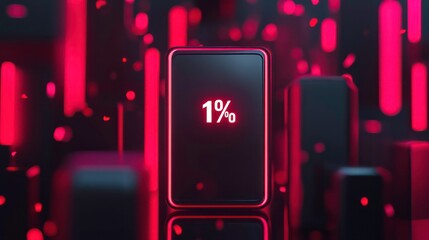Smartphone displaying 1% battery, surrounded by red neon lights and geometric shapes.