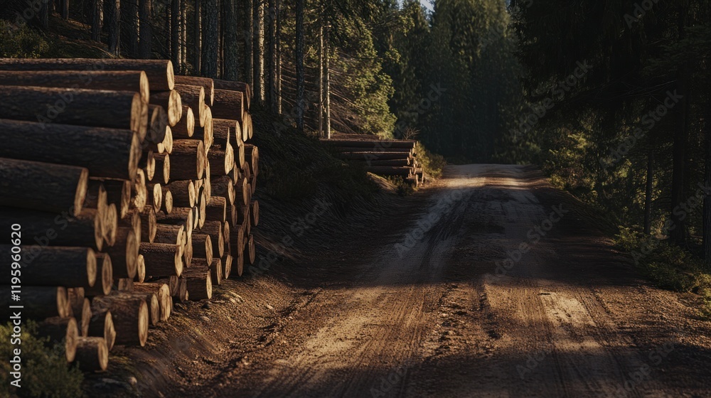 Poster forest path with stacked logs