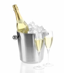 Champagne in glasses and ice bucket with bottle isolated on white