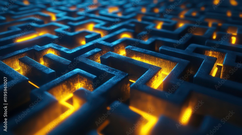 Poster abstract glowing maze pattern, complex dark blue labyrinth with illuminated pathways.