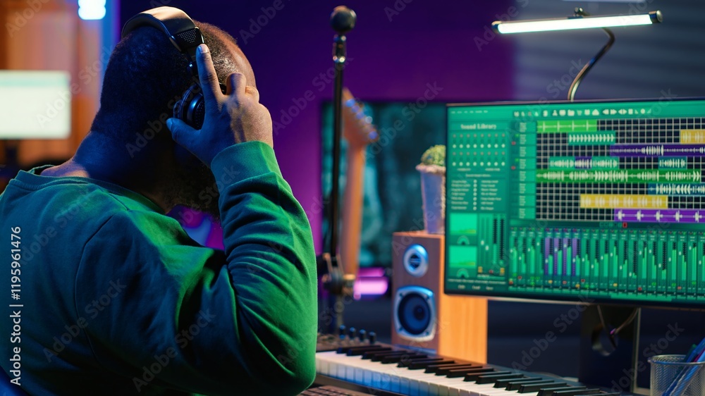 Leinwandbilder musician playing piano keys and editing to improve sound quality of audio recordings in his home stu