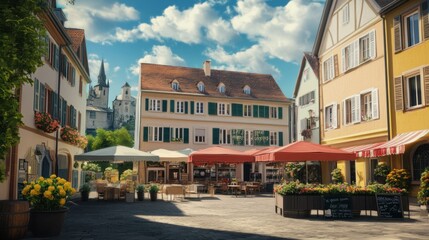 Fototapeta premium Charming European Town Square with Bright Buildings