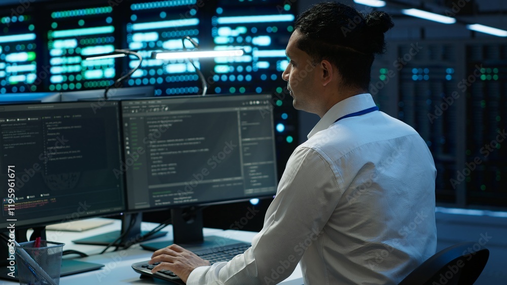 Poster engineer overseeing data center, making improvements and updates to ensure system can handle network