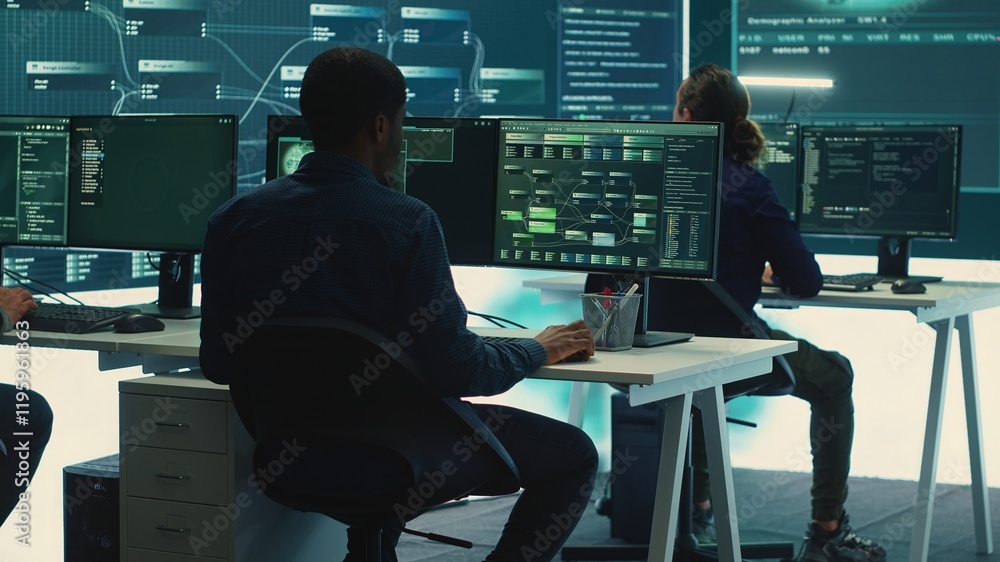 Poster cyber intelligence team of experts in a governmental hacking room, implementing ways to protect nati