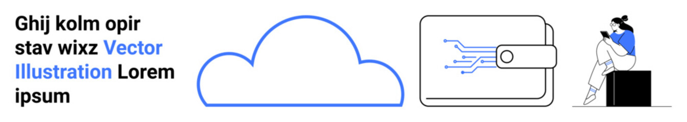 Cloud icon, digital wallet with circuit design, person using mobile device. Ideal for technology, cloud services, digital payment, fintech, mobile apps user interaction modern lifestyle. Landing