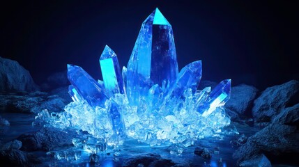 Obraz premium Glowing blue crystals cluster on dark surface.