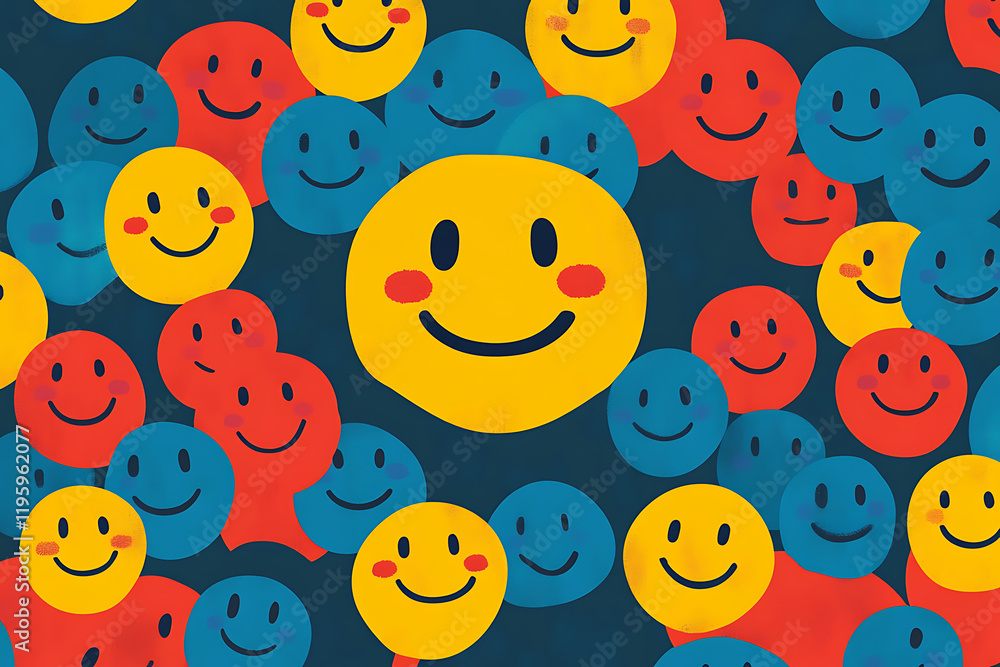 Aufkleber a vibrant pattern of smiling faces in various colors, creating a cheerful and playful atmosphere.