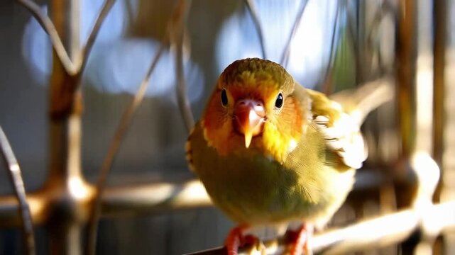 Colorful Bird Perched on a Branch in a Cage With Vibrant Surroundings