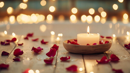 serene candlelit bath with rose petals floating in water creates romantic atmosphere