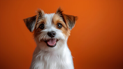 A happy young dog is Smalling on orange background	