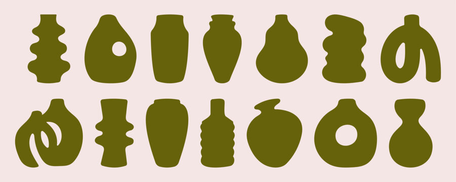 Abstract boho vases silhouette set. Handmade ceramic pots of bizarre shapes. Vector pottery illustration, trendy minimalist style. Cozy home decor, sticker, element for social media, poster, logo