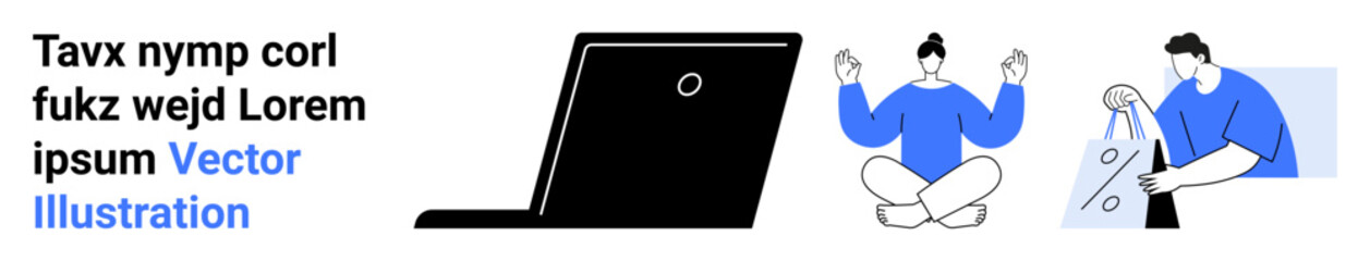 Laptop screen, person meditating, and another individual using design software. Ideal for productivity, remote work, balance, creativity, technology self-care innovation. Landing page