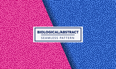 Seamless patterns, abstract organic lines color backgrounds set. Biological patterns with red, blue