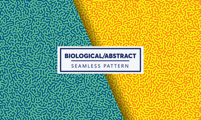 Seamless patterns, abstract organic lines color backgrounds set. Biological patterns with yellow, green