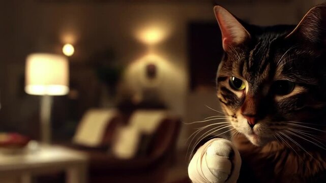 Tabby Cat With a Bandaged Paw Rests Peacefully in a Cozy Living Room at Night With Warm Lighting