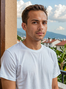 Retrato de un hombre blanco al aire libre vistiendo una camiseta blanca de algod&oacute;n en verano 