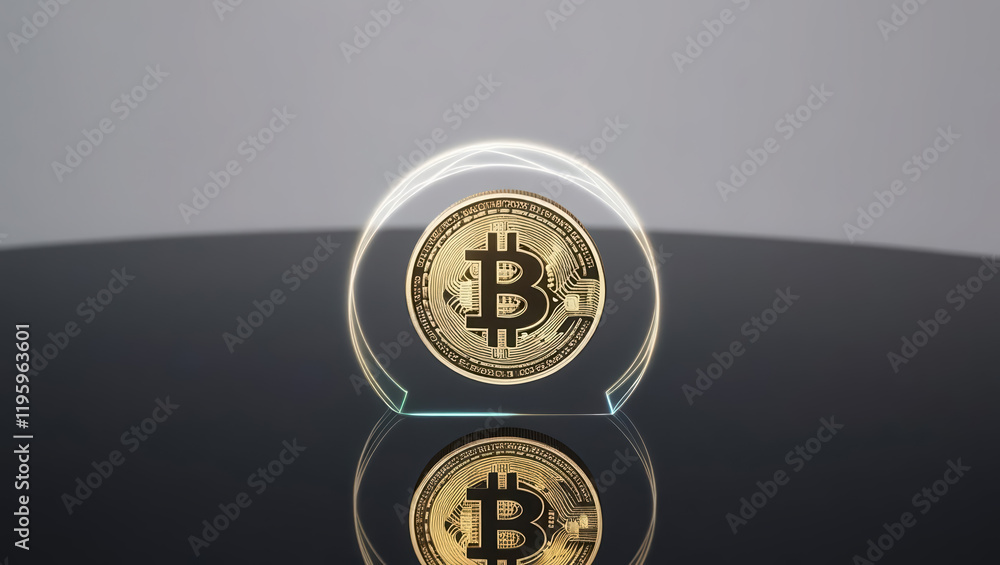 Poster holographic projection of digital coin spinning over dark surface, creating mesmerizing effect