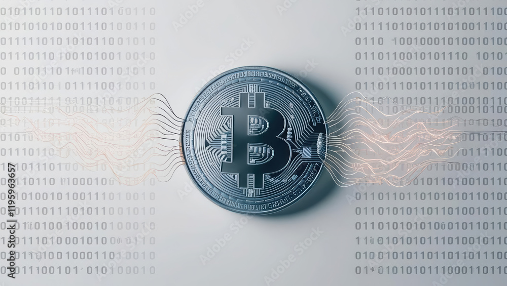 Poster visual representation of binary code transforming into cryptocurrency symbol, creating dynamic and m