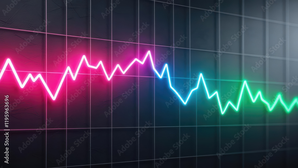 Poster stylized line graph fluctuating in neon colors on dark grid background, showcasing dynamic data tren