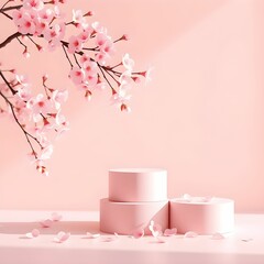 Pink cherry blossom branches, cylindrical product display podium, pastel pink background, soft lighting, delicate petals falling, spring aesthetic, 3D render, product showcase