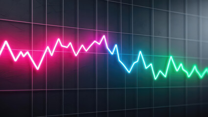 stylized line graph fluctuating in neon colors on dark grid background, showcasing dynamic data trends