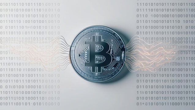 visual representation of binary code transforming into cryptocurrency symbol, creating dynamic and modern feel