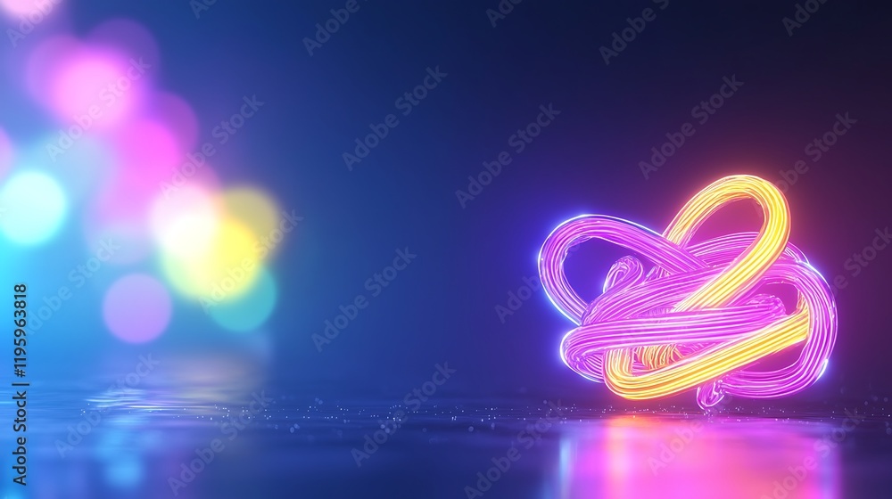 Wall mural abstract neon geometric shape with glowing lights and bokeh background