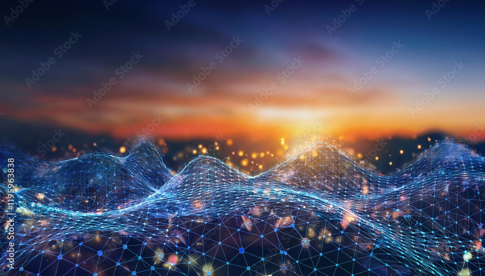 Poster digital landscape with glowing nodes and interconnected lines, representing blockchain network at su