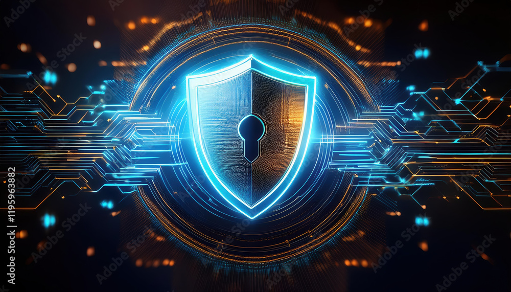 Poster conceptual rendering of shield icon with glowing data streams, emphasizing security and protection