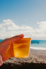 A glass of cold beer with a beautiful view of the sea in the background, capturing the essence of a relaxing, sunny day at the beach, all-inclusive vacation