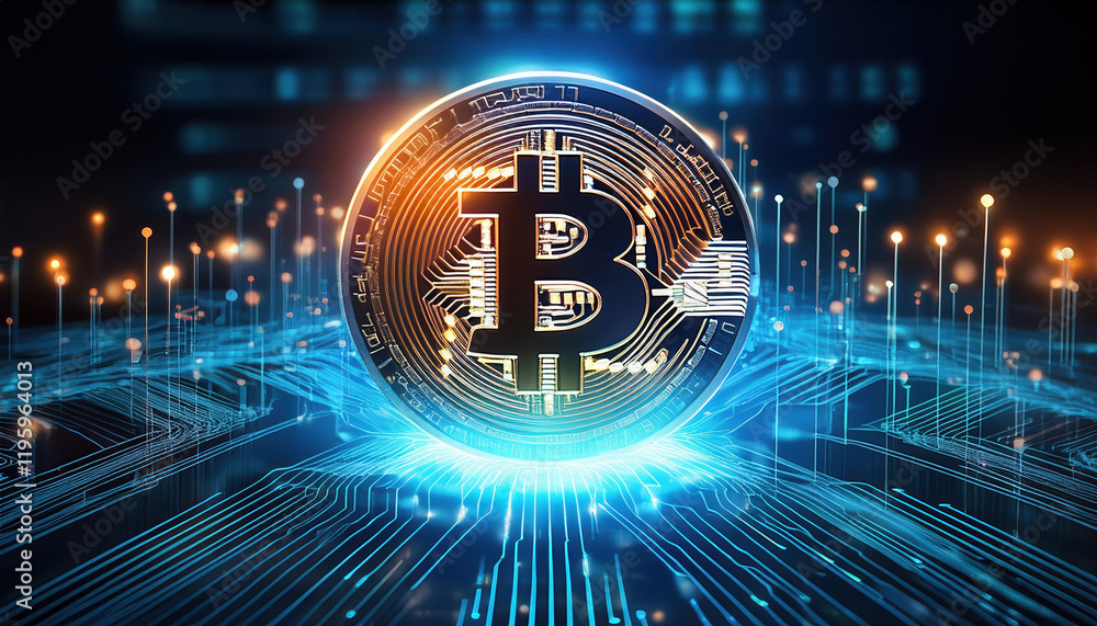 Poster glowing digital coin high tech environment surrounded by data streams, symbolizing cryptocurrency in