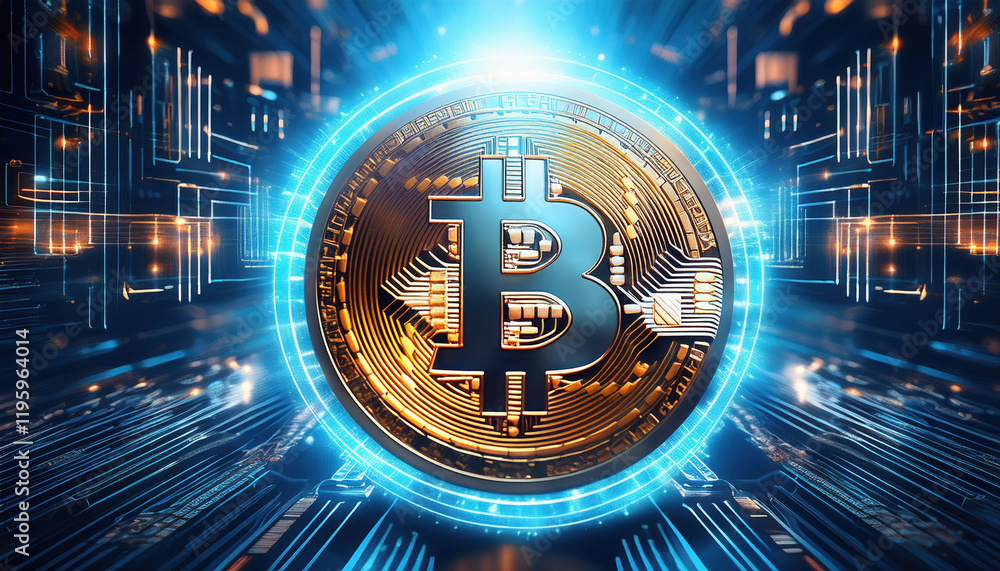 Poster glowing digital coin high tech environment surrounded by data streams, symbolizing cryptocurrency in