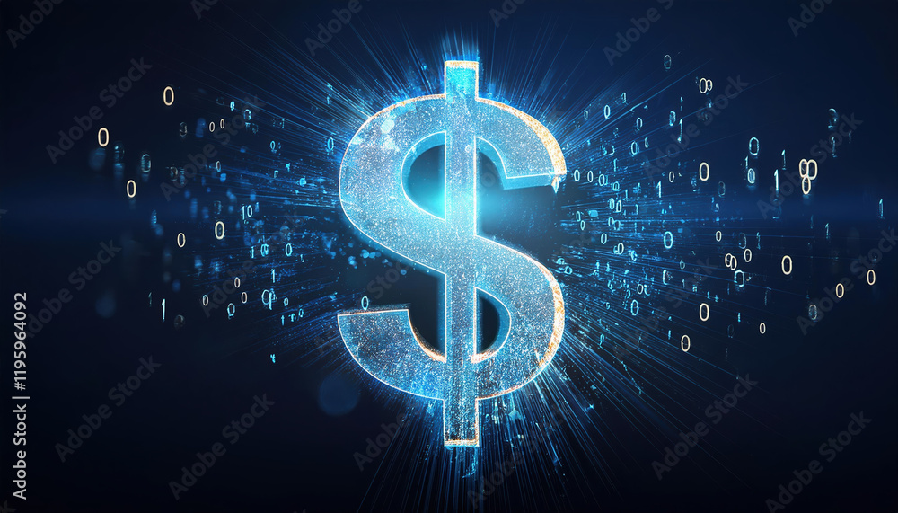 Poster glowing dollar sign surrounded by binary code fragments, symbolizing digital finance and technology