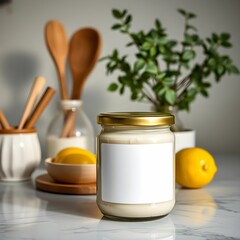 Glass jar with white label, Kitchen countertop, Fresh lemon, Wooden utensils, Green plant in white pot, Minimalist kitchen scene, Soft natural lighting, Clean aesthetic